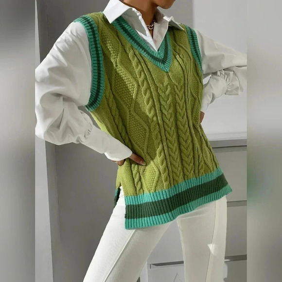 Striped Trim Split Hem Sweater Vest Without Blouse - Picture 4 of 7